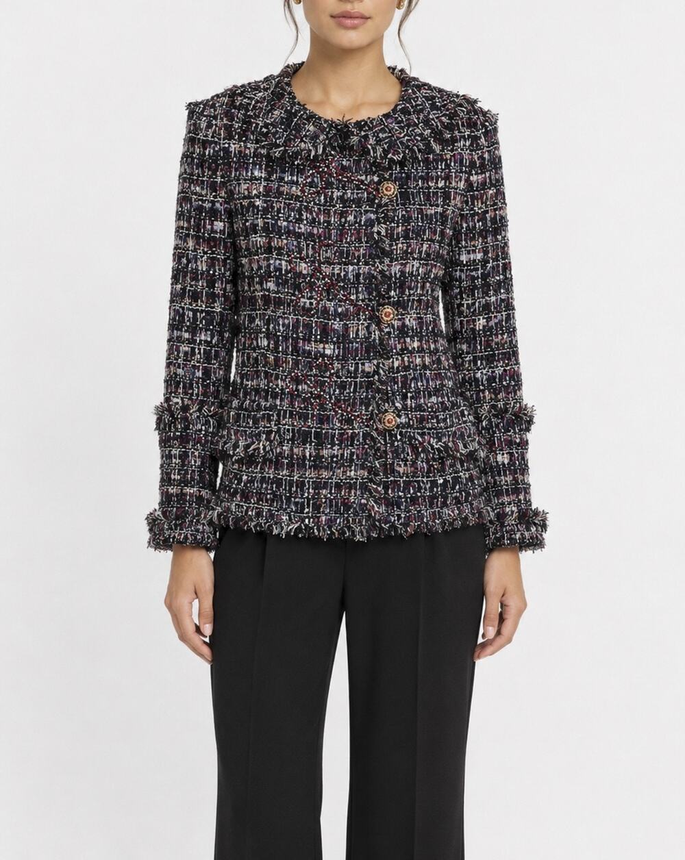 CHANEL 10C Runway Tweed Jacket Crystal Embroidered Fringe IT 42 Karl Lagerfeld